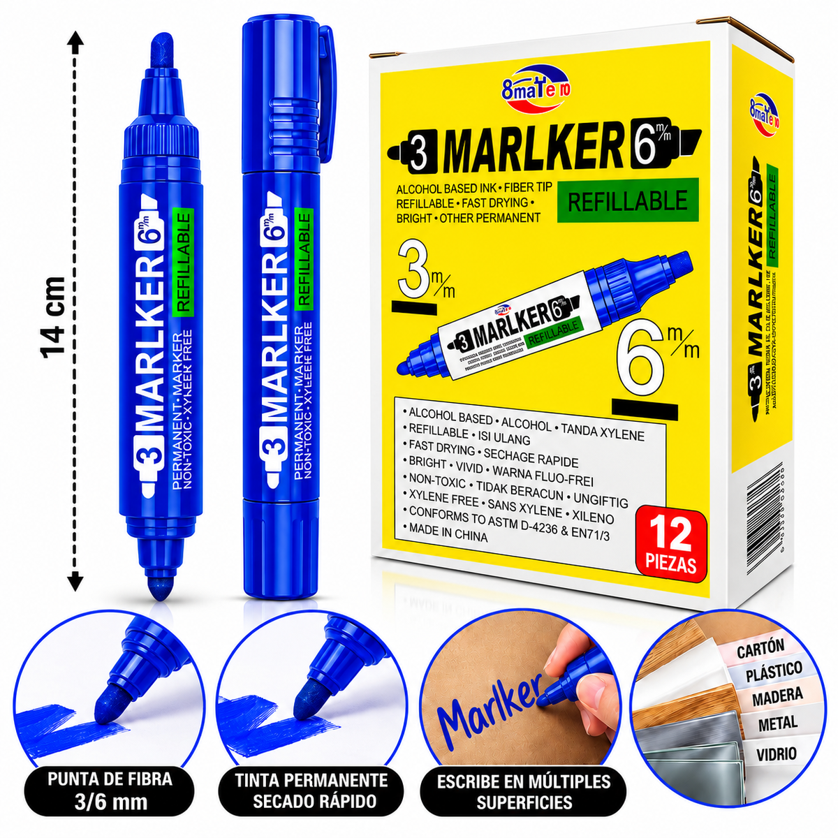 12 Plumón Azul  doble punta SY-36T