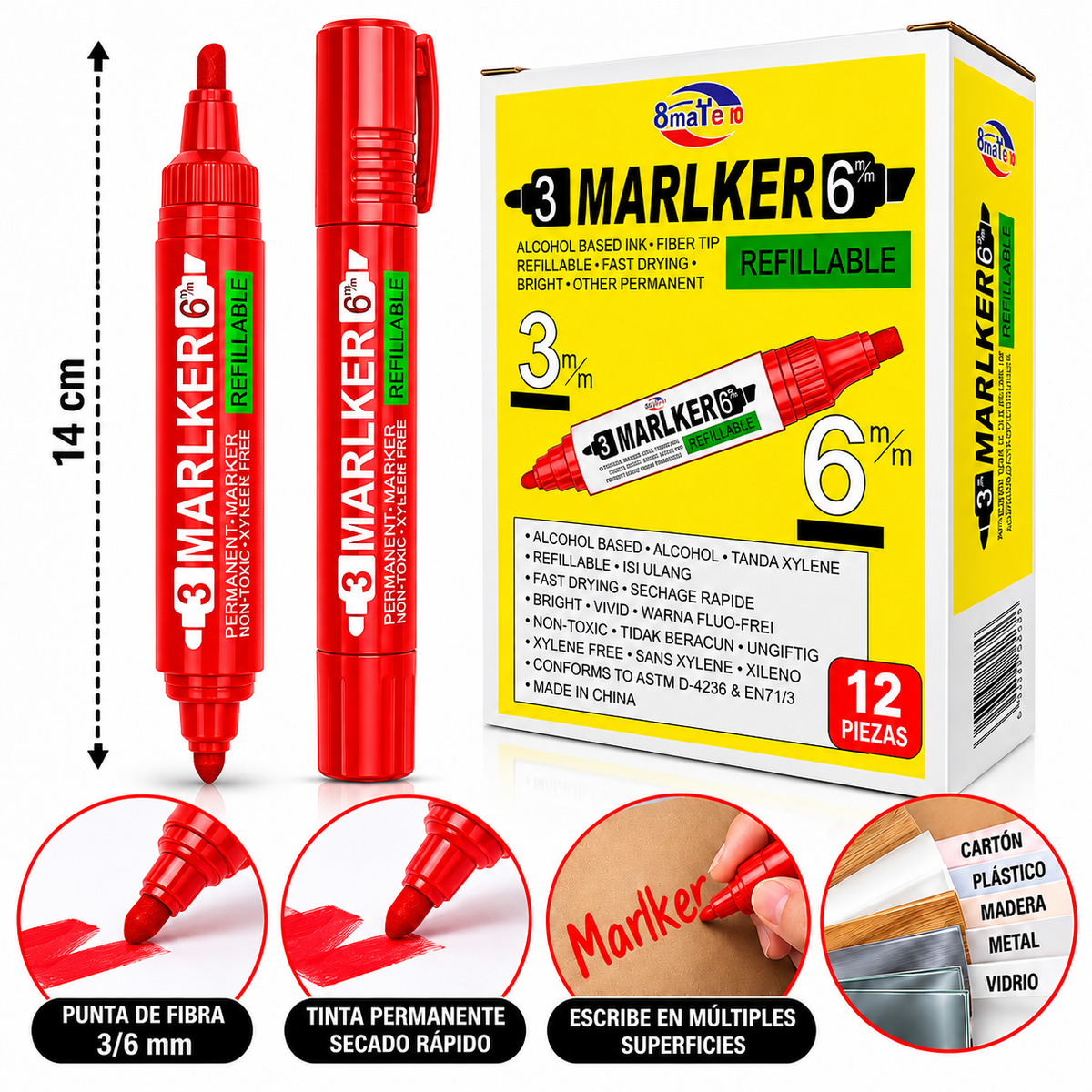 12 Plumón Rojo doble punta indeleble SY-36T