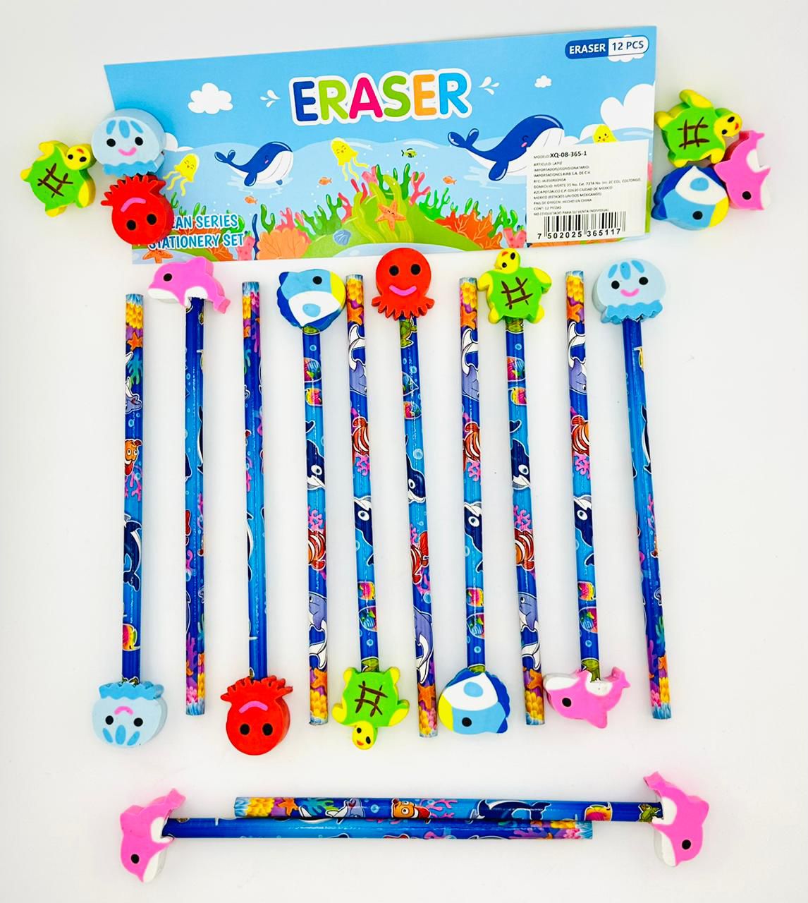 set de papeleria infantil (12 lapices y borradores) 365-1