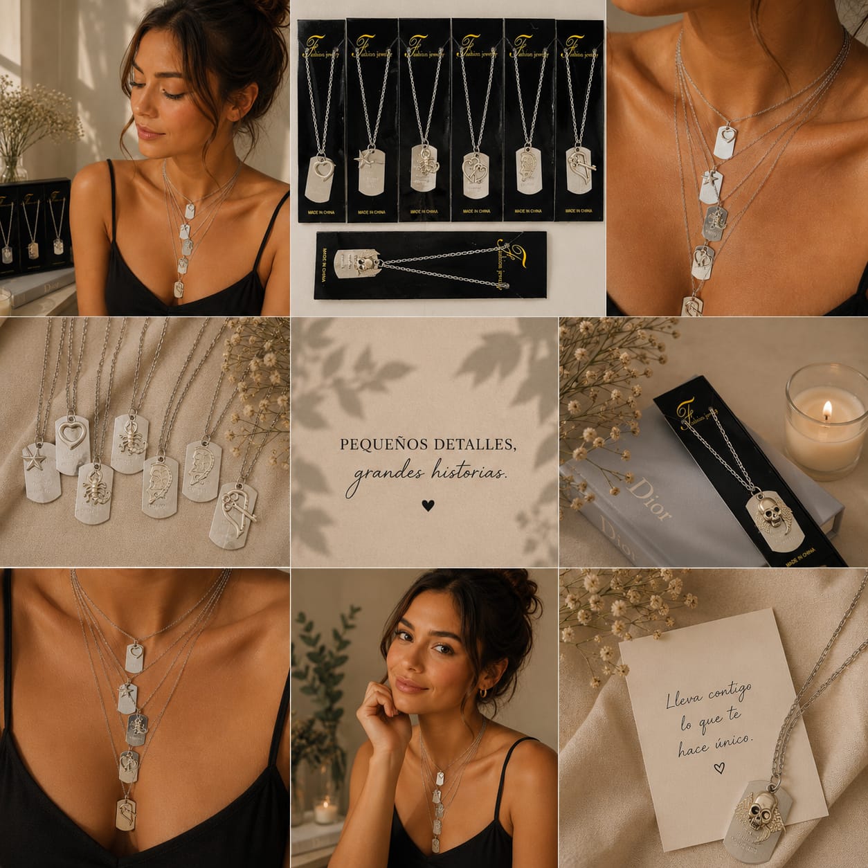 12pz Collar acero inoxidable con dijes corazon doble SXL-40