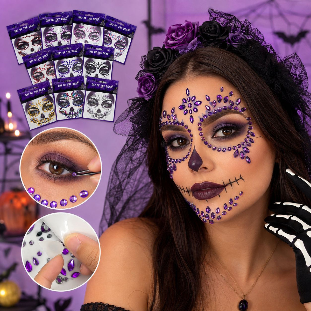 12pc|pegatinas de piedreria  para cara helloween|