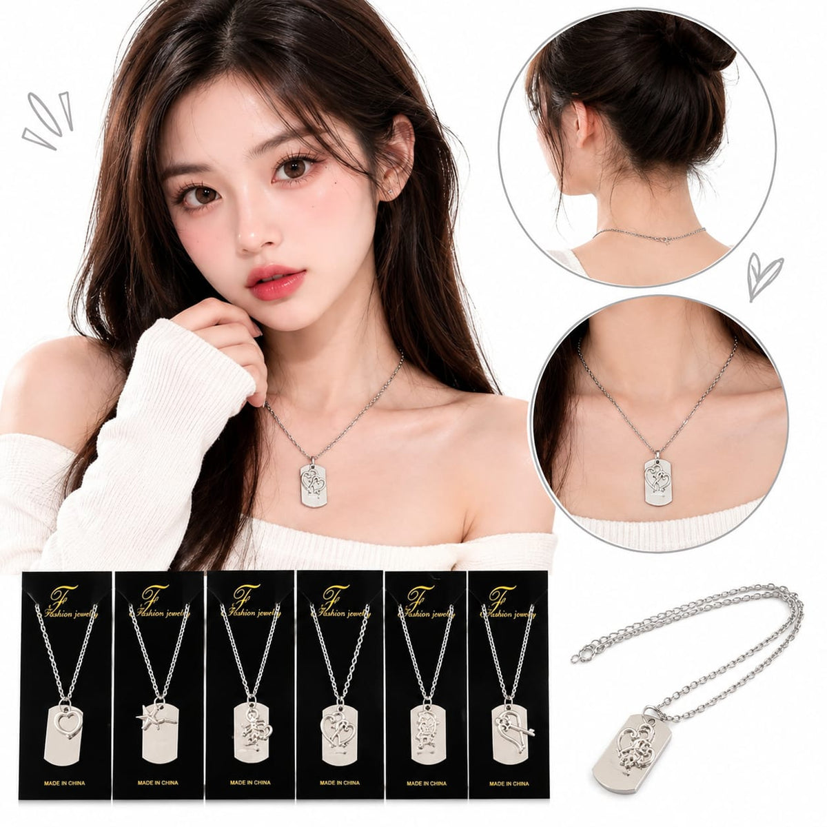 12pz |Collar acero inoxidable con dijes corazon doble |SXL-40